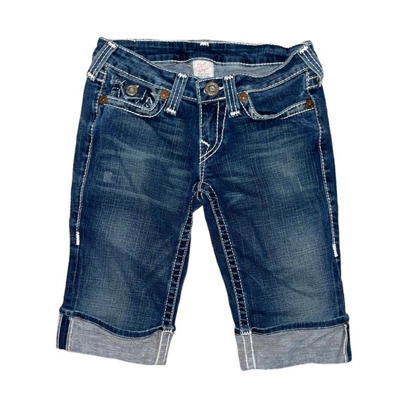 True Religion Pants - True Religion Distressed Dark Wash Flap Pockets Cuffed Bermuda Shorts Womens 27
